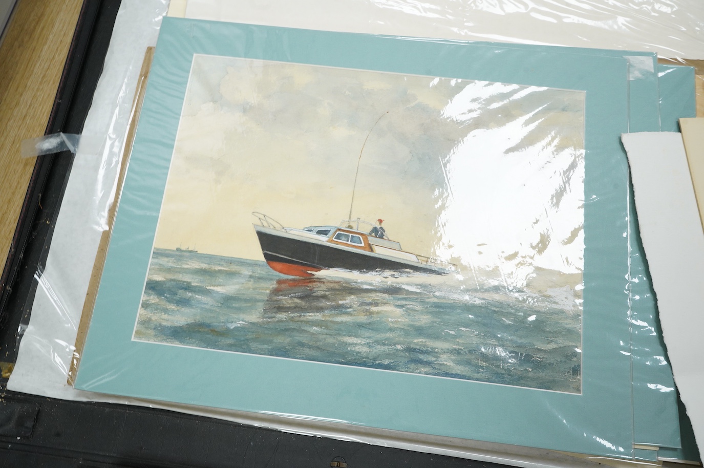 A large collection of watercolours, sketches and prints to include four works by J H Powell, maritime interest scenes, each signed, various 19th century and later watercolours and a set of maritime interest oleographs on
